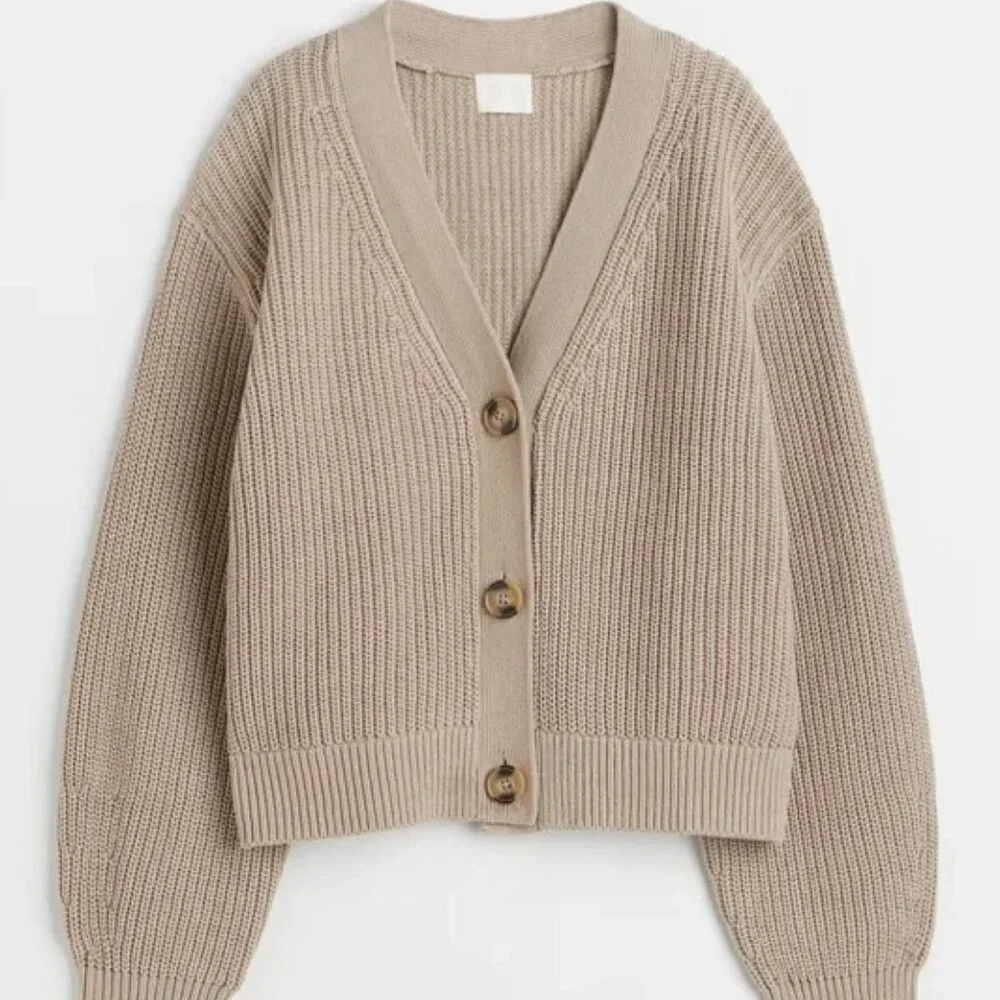 NWOT H&M Beige Ribbed Knit Cardigan Size XS - Picture 1 of 6